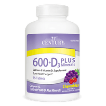 A bottle of 21st Century Calcium 600 plus D3 plus minerals chewable tablets.