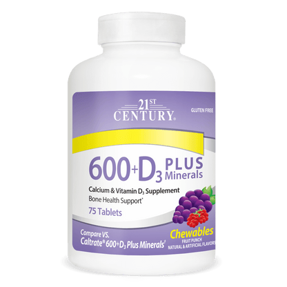 A bottle of 21st Century Calcium 600 plus D3 plus minerals chewable tablets.