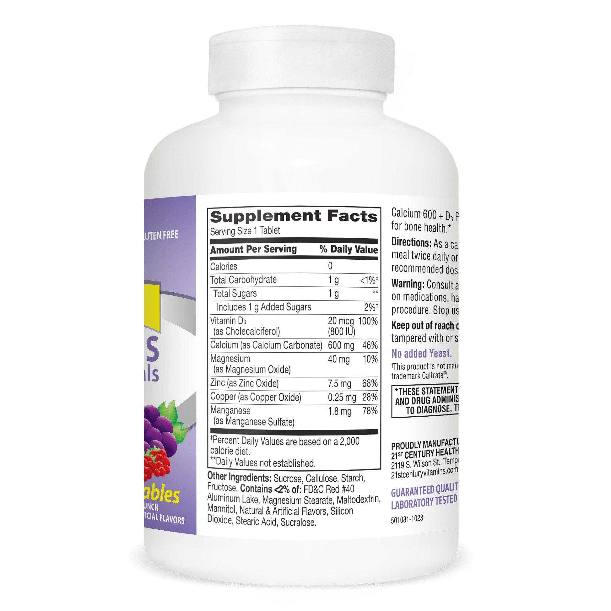 Left side bottle view of 21st Century Calcium 600 plus D3 plus minerals chewable tablets.