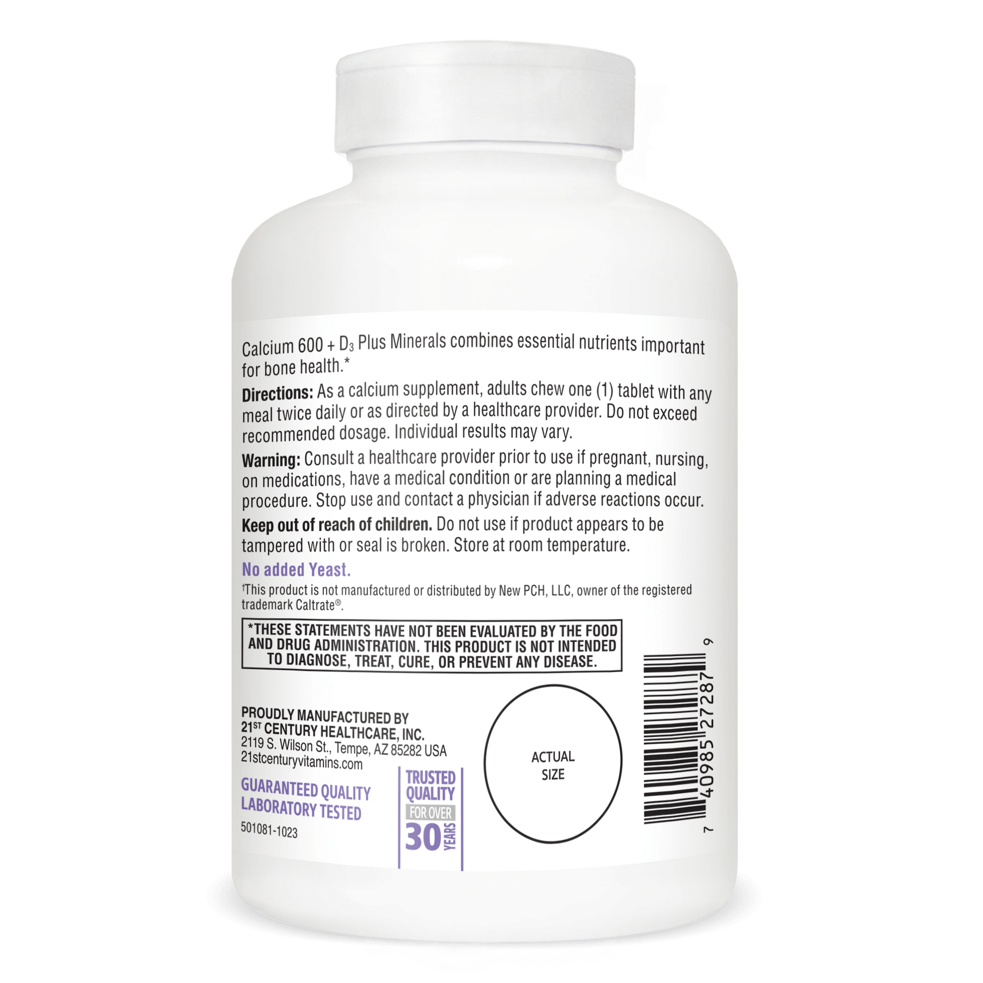 Right side bottle view of 21st Century Calcium 600 plus D3 plus minerals chewable tablets.