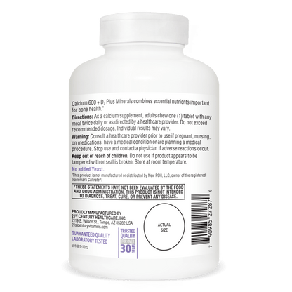 Right side bottle view of 21st Century Calcium 600 plus D3 plus minerals chewable tablets.