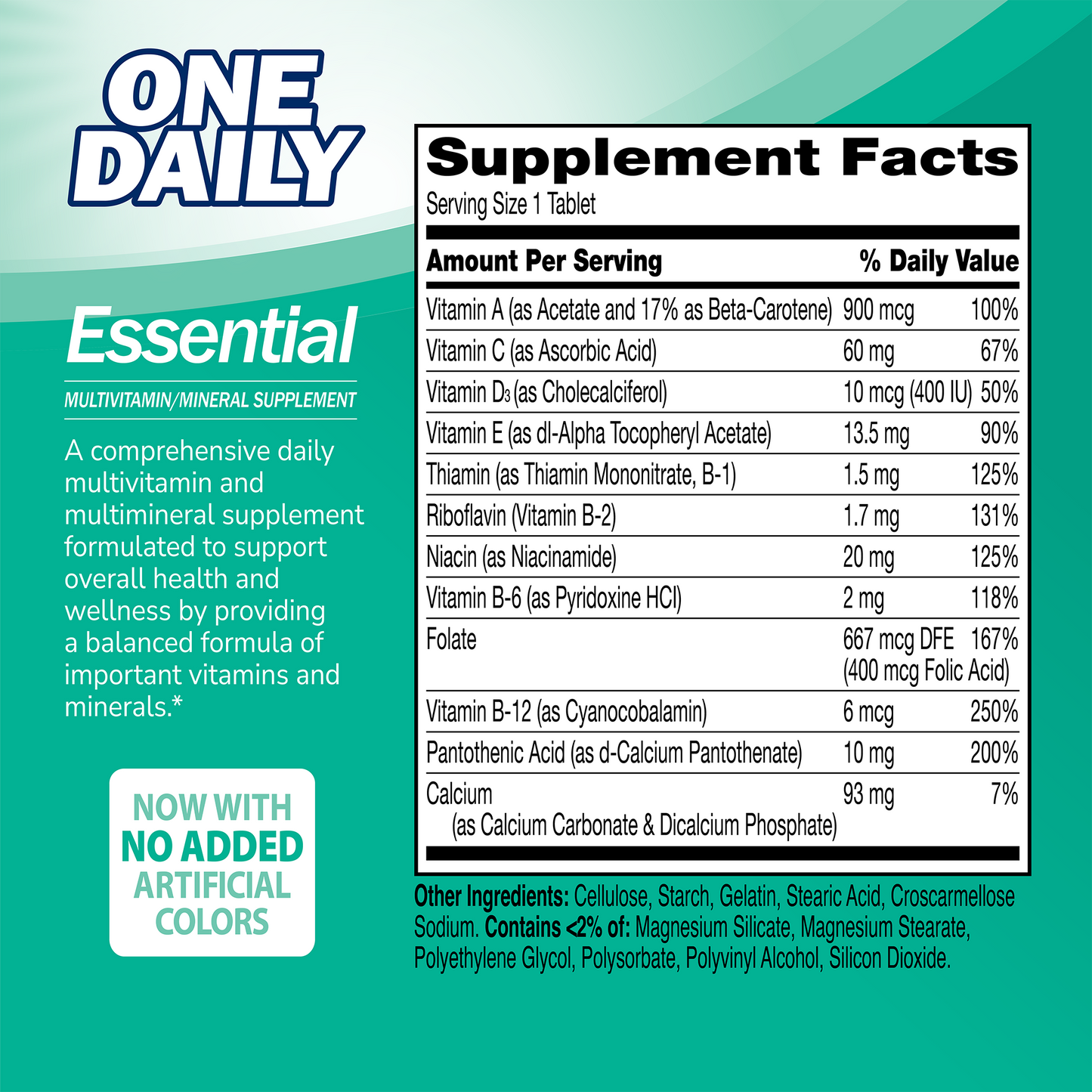 Supplement label for One Daily Essential with ingredient list and serving size on a green background