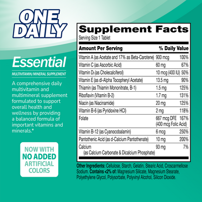 Supplement label for One Daily Essential with ingredient list and serving size on a green background