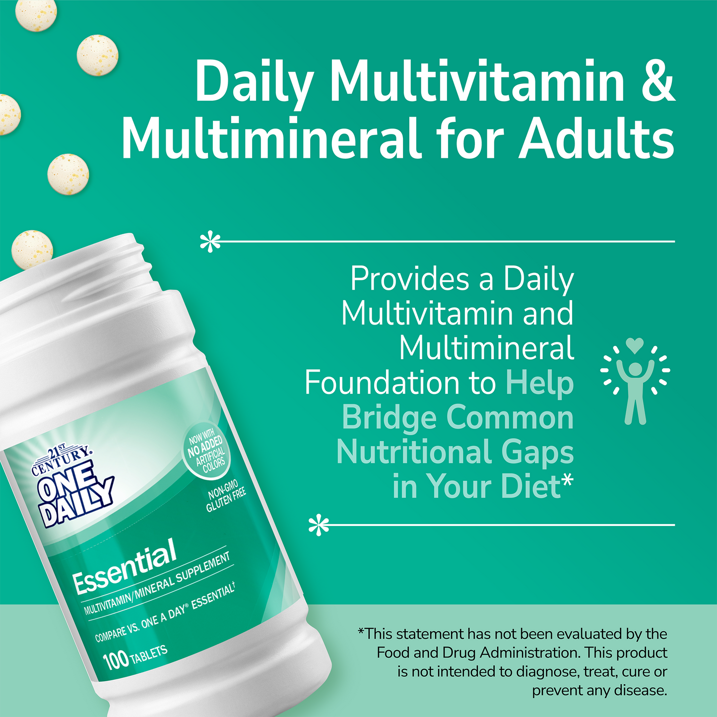 21st Century One Daily Essential supplement bottle with pills spilling out and white text on a green background