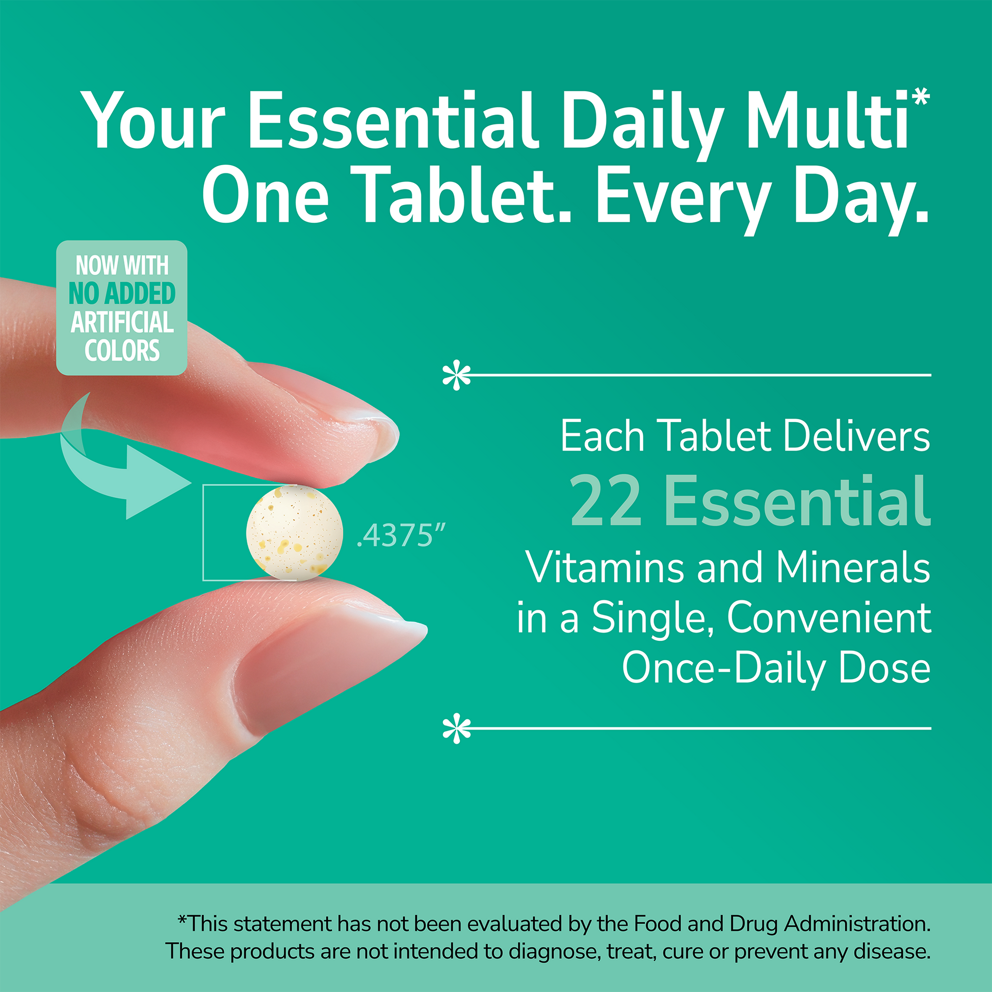 Hand holding a One Daily Essential supplement with text about product benefits on a green background