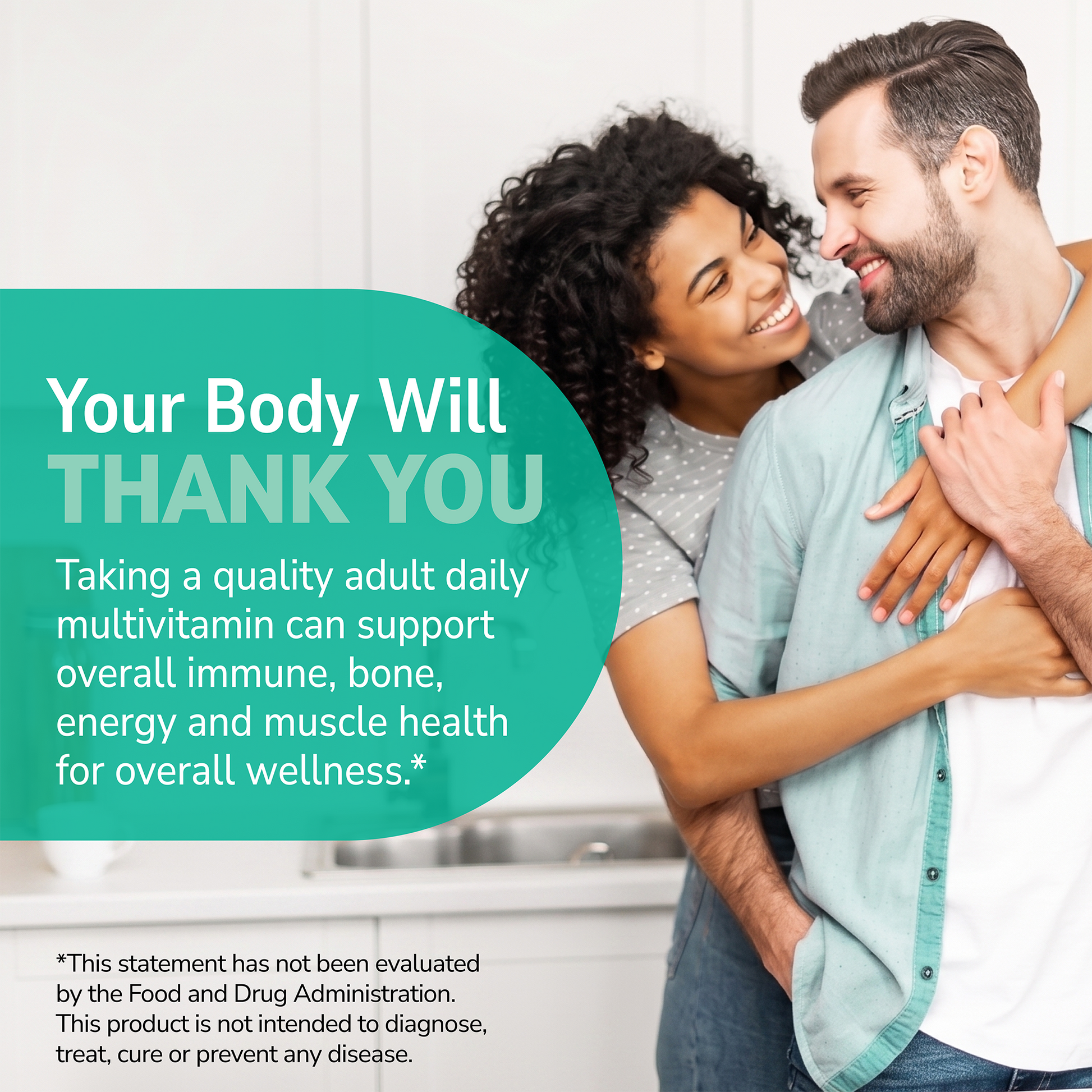 Couple indoors with health supplement information overlay