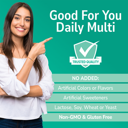Woman holding her hand out with 'Good For You' branding on a green background