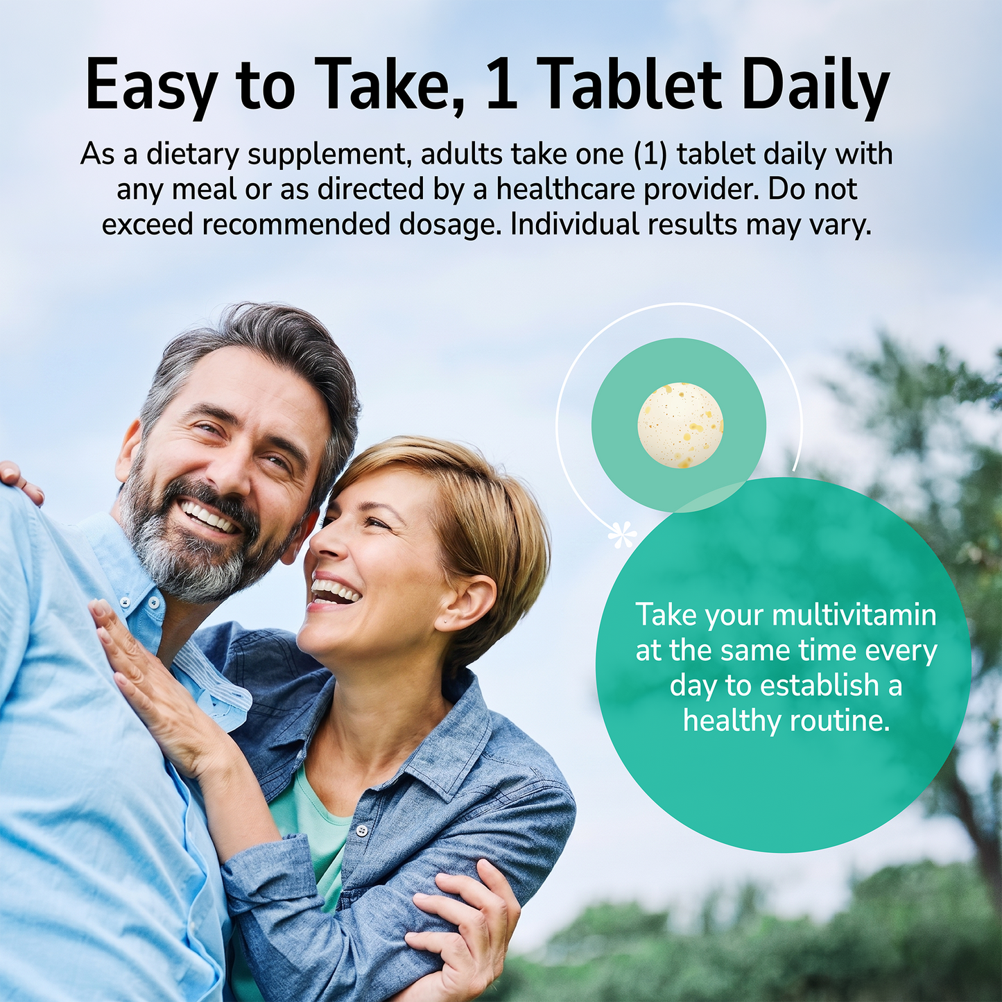 Man and woman smiling outdoors with a product advertisement overlay and product directions