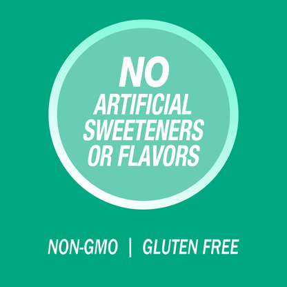A graphic image with the words no artificial sweeteners or flavors, non-GMO and gluten free.