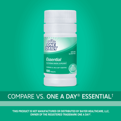 A bottle of 21st Century One Daily Essential multivitamin and mineral supplement tablets with the words compare vs one a day essential.