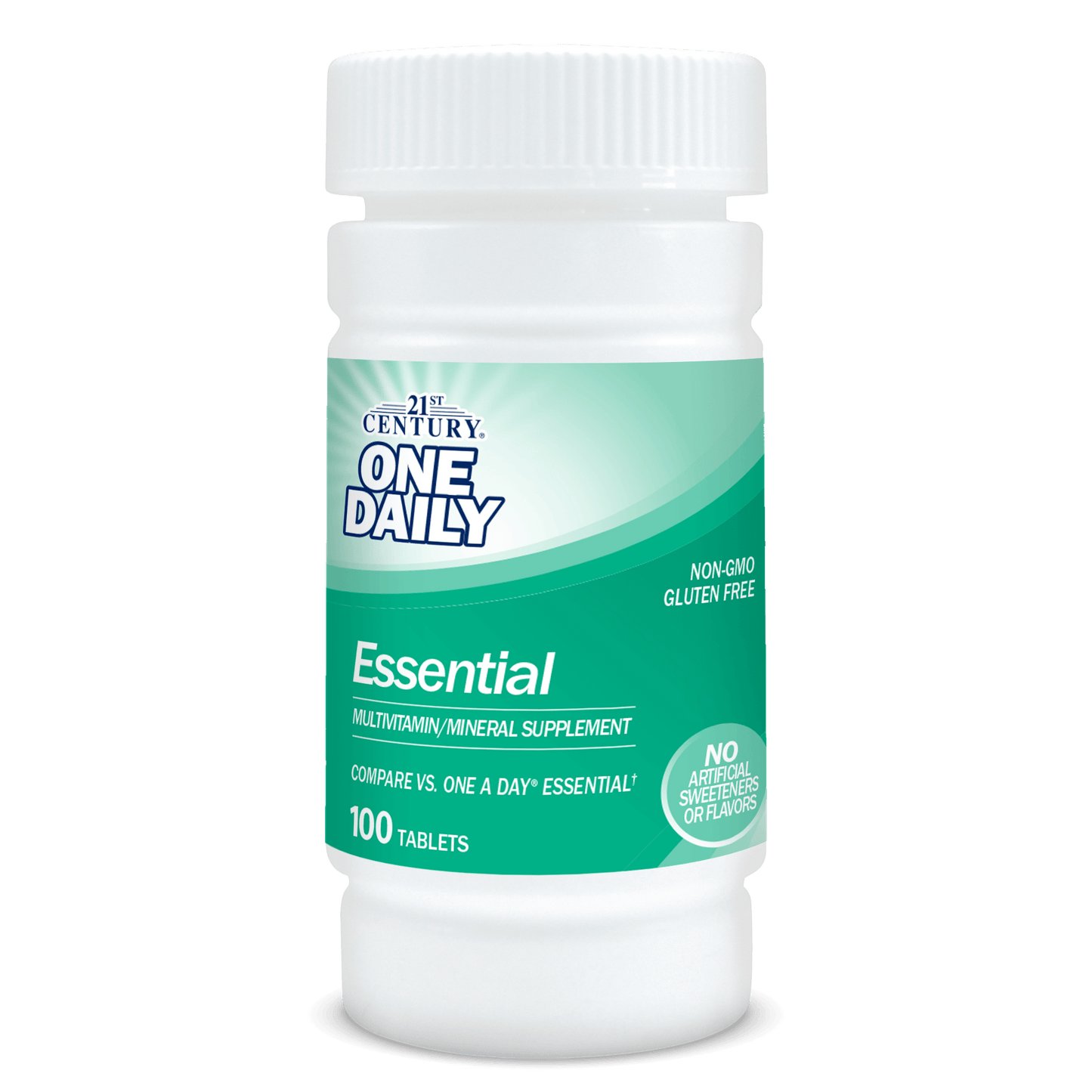 A bottle of 21st Century One Daily Essential multivitamin and mineral supplement tablets.