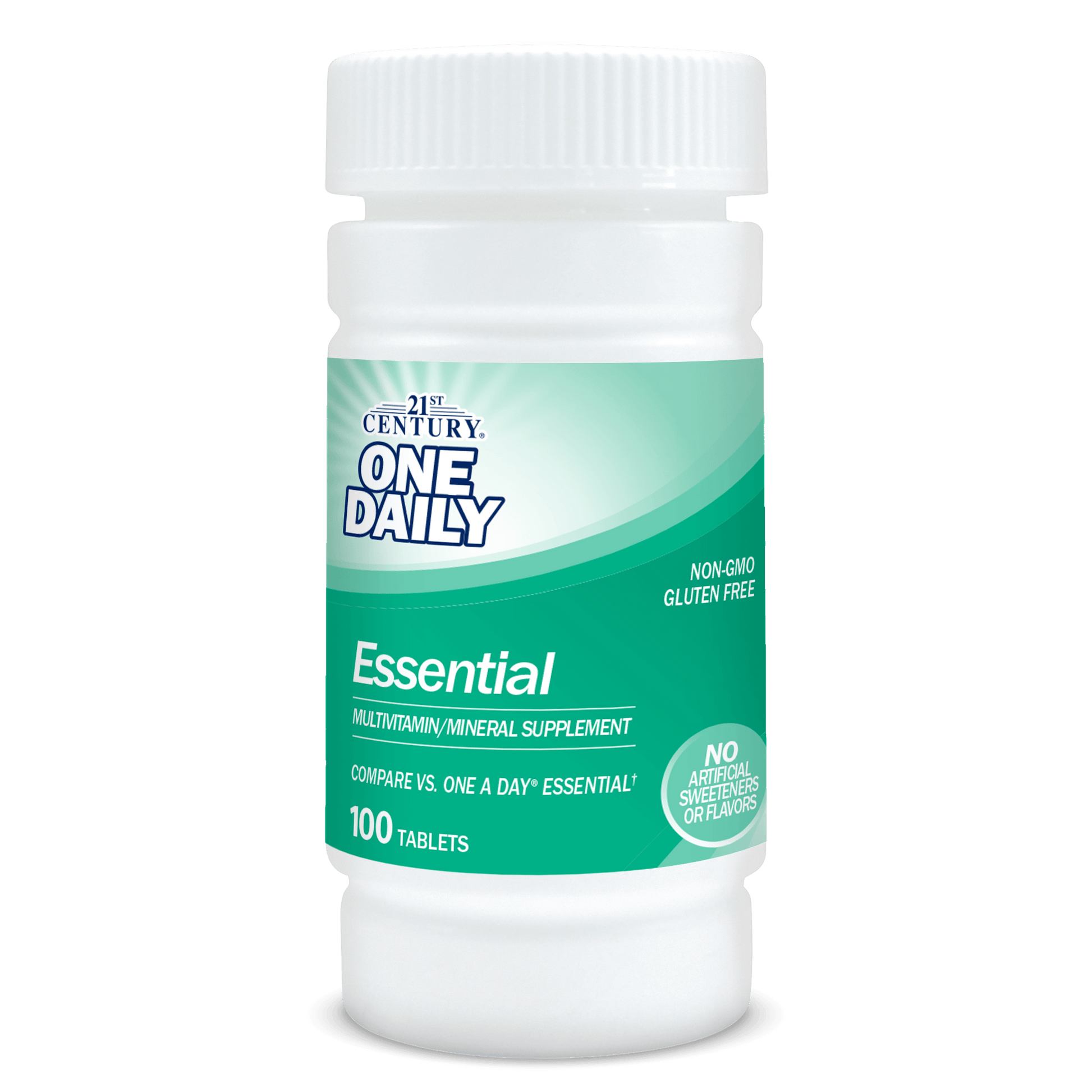 A bottle of 21st Century One Daily Essential multivitamin and mineral supplement tablets.