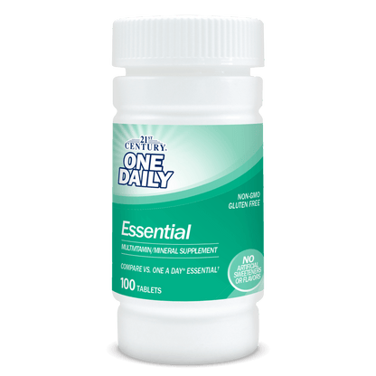 A bottle of 21st Century One Daily Essential multivitamin and mineral supplement tablets.