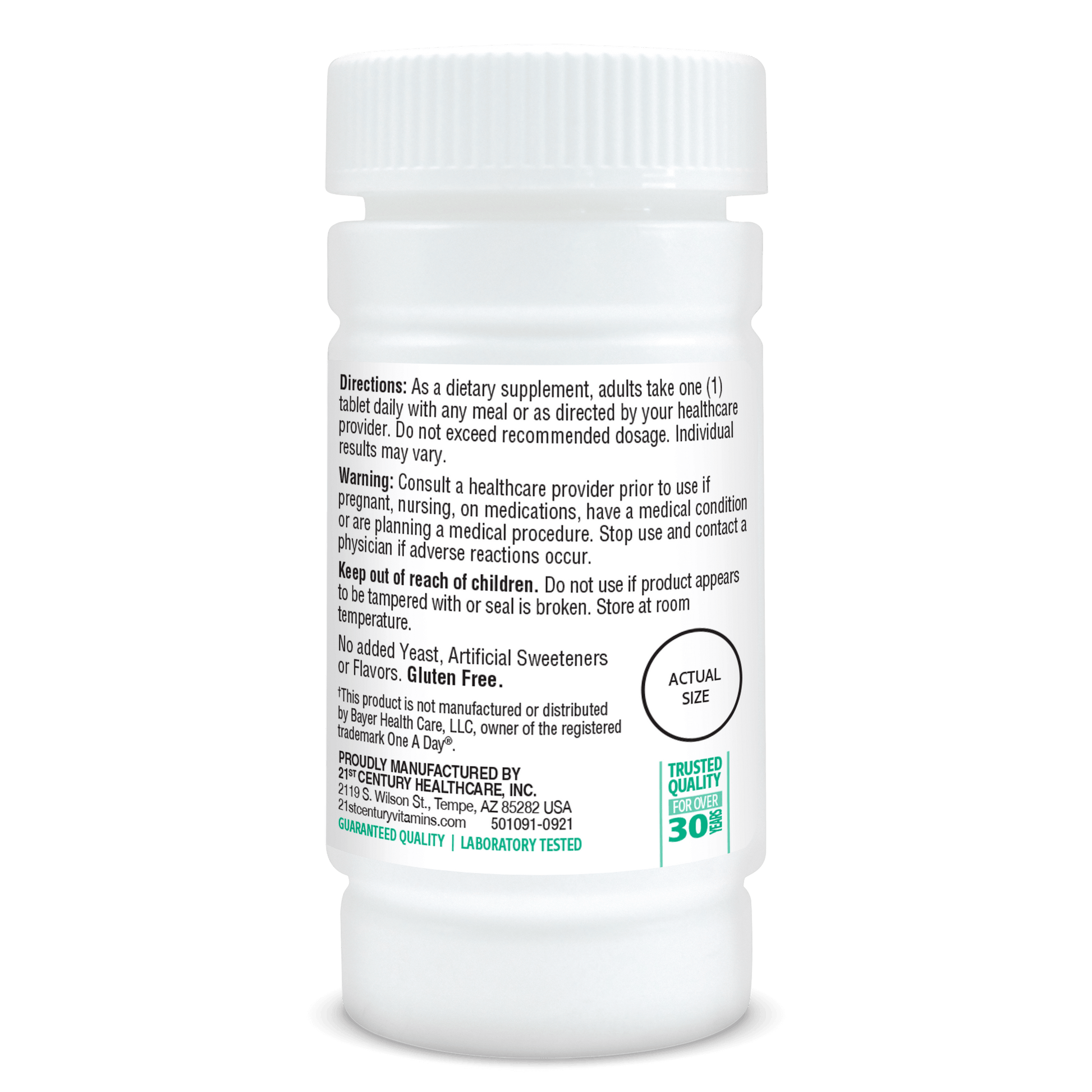 Right side bottle view of 21st Century One Daily Essential multivitamin and mineral supplement tablets.