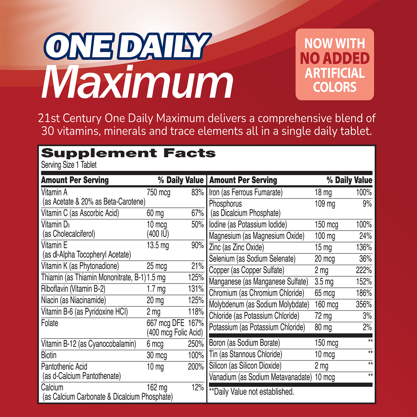 Supplement label for One Daily Mazimum with ingredient list and serving size on a red background