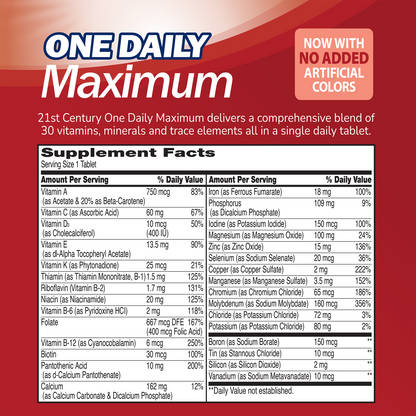 Supplement label for One Daily Mazimum with ingredient list and serving size on a red background