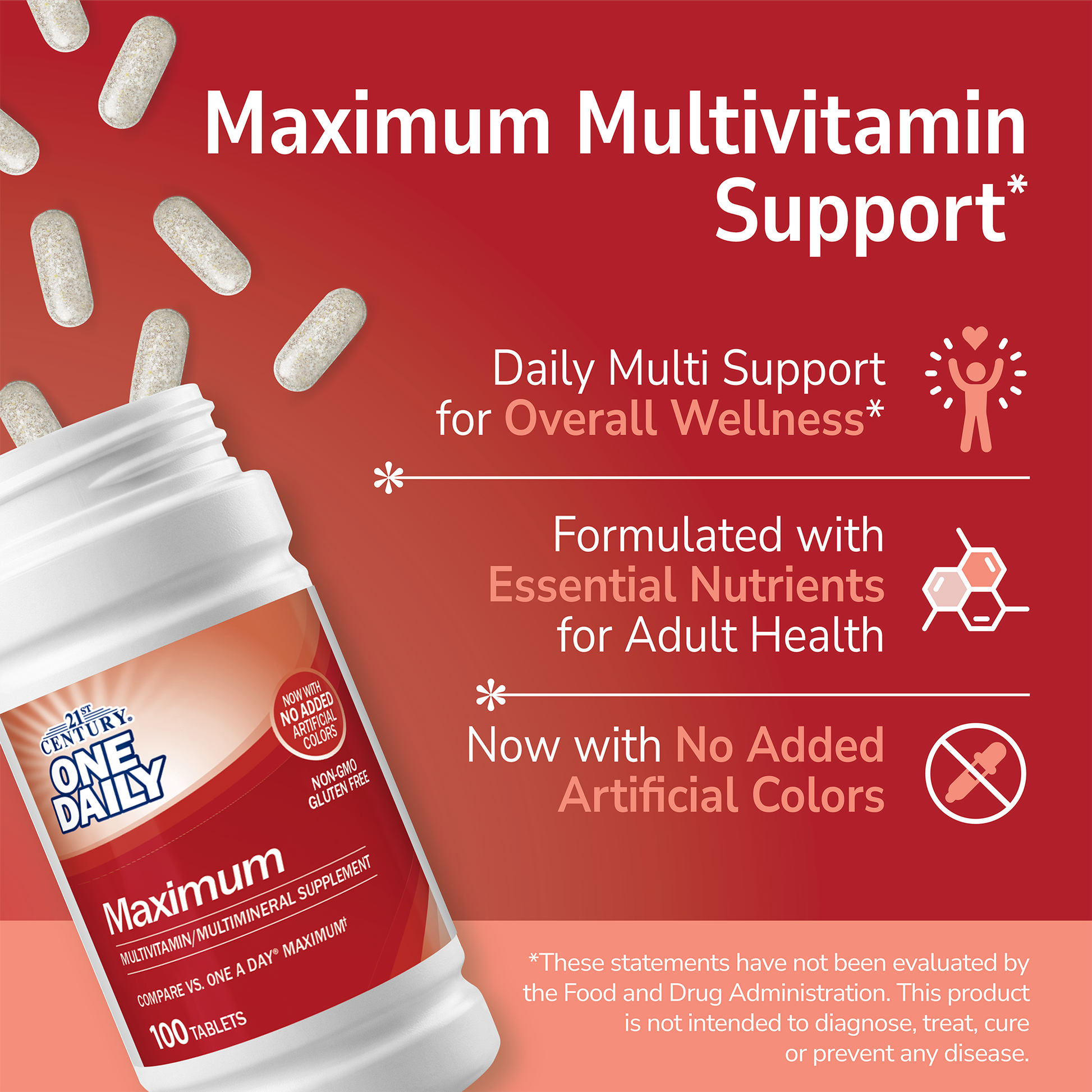 21st Century One Daily Maximum supplement bottle with pills spilling out and white text on a red background
