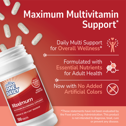 21st Century One Daily Maximum supplement bottle with pills spilling out and white text on a red background