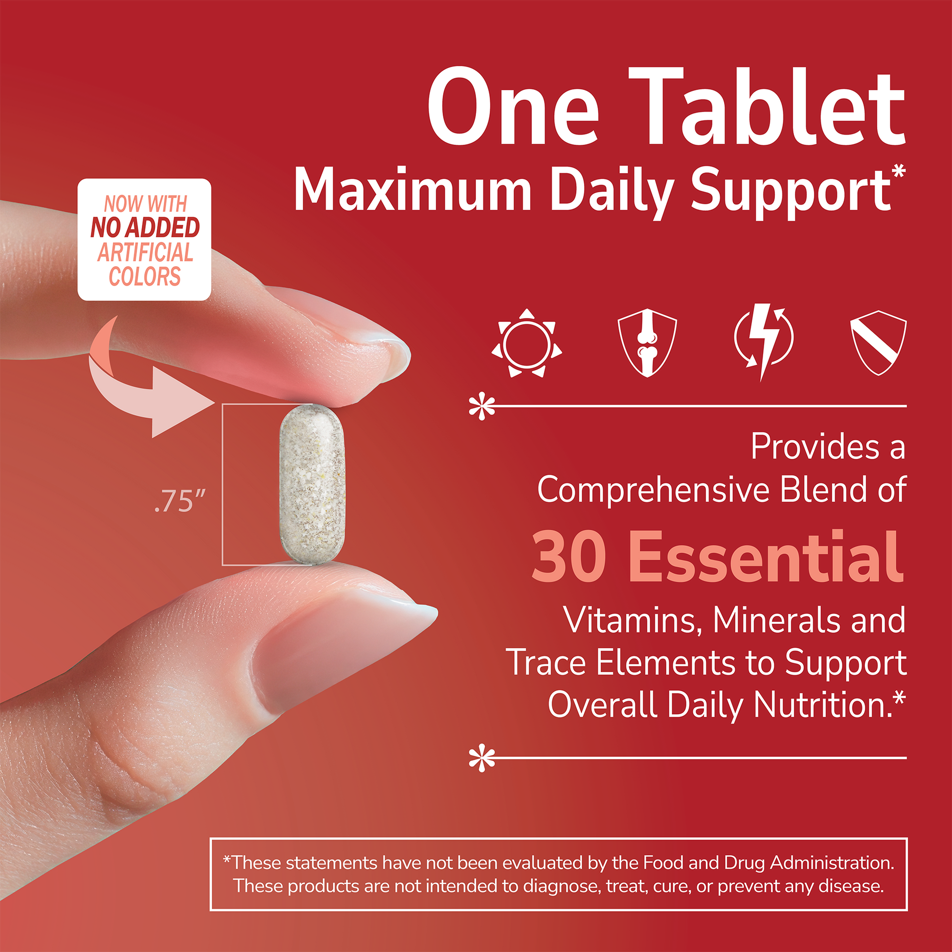 Hand holding a One Daily Maximum supplement with text about product benefits on a red background