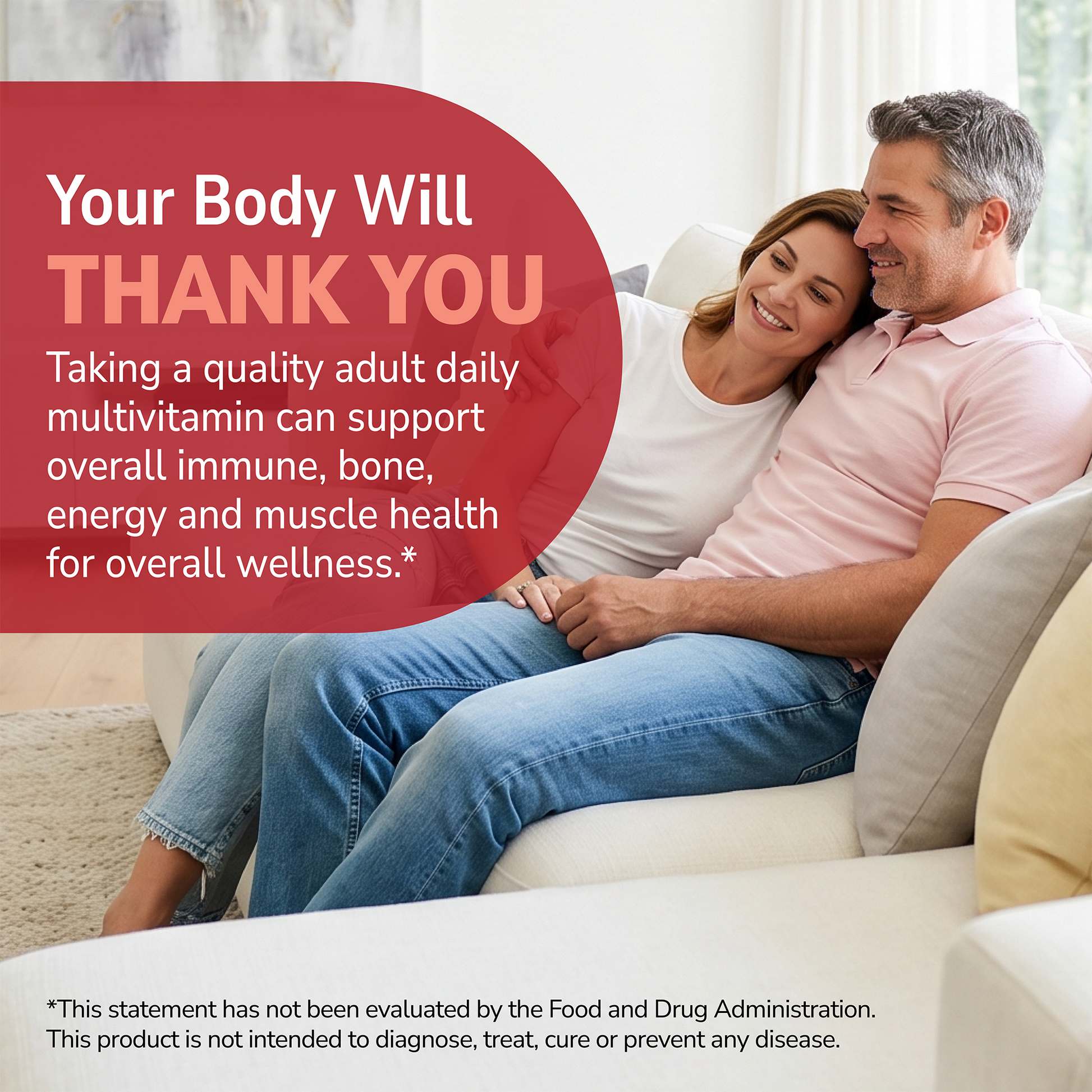 Couple sitting on a sofa with health supplement information overlay