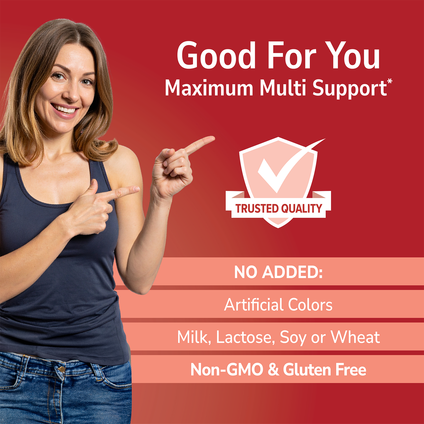 Woman pointing with 'Good For You' branding on a red background