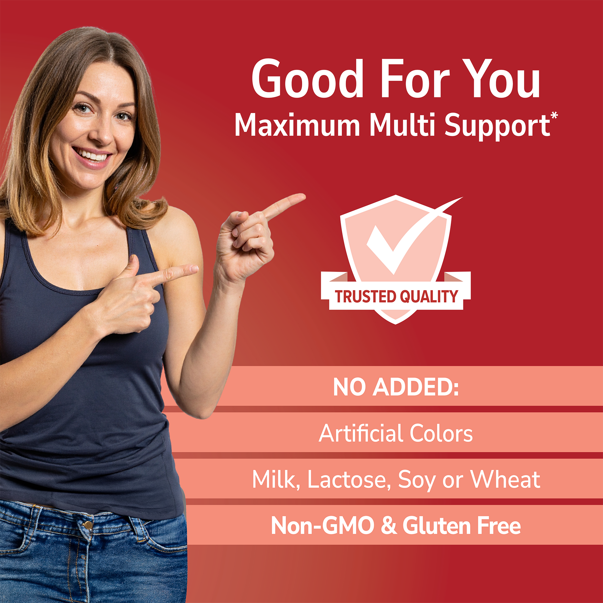 Woman pointing with 'Good For You' branding on a red background