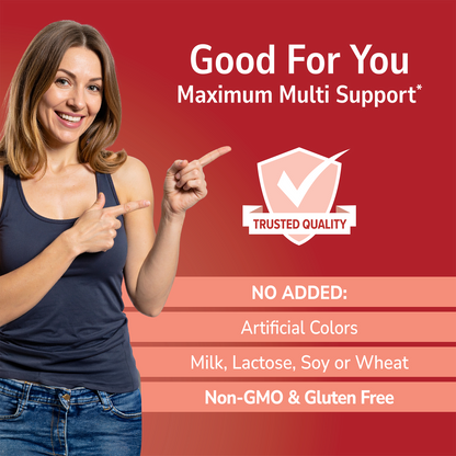 Woman pointing with 'Good For You' branding on a red background