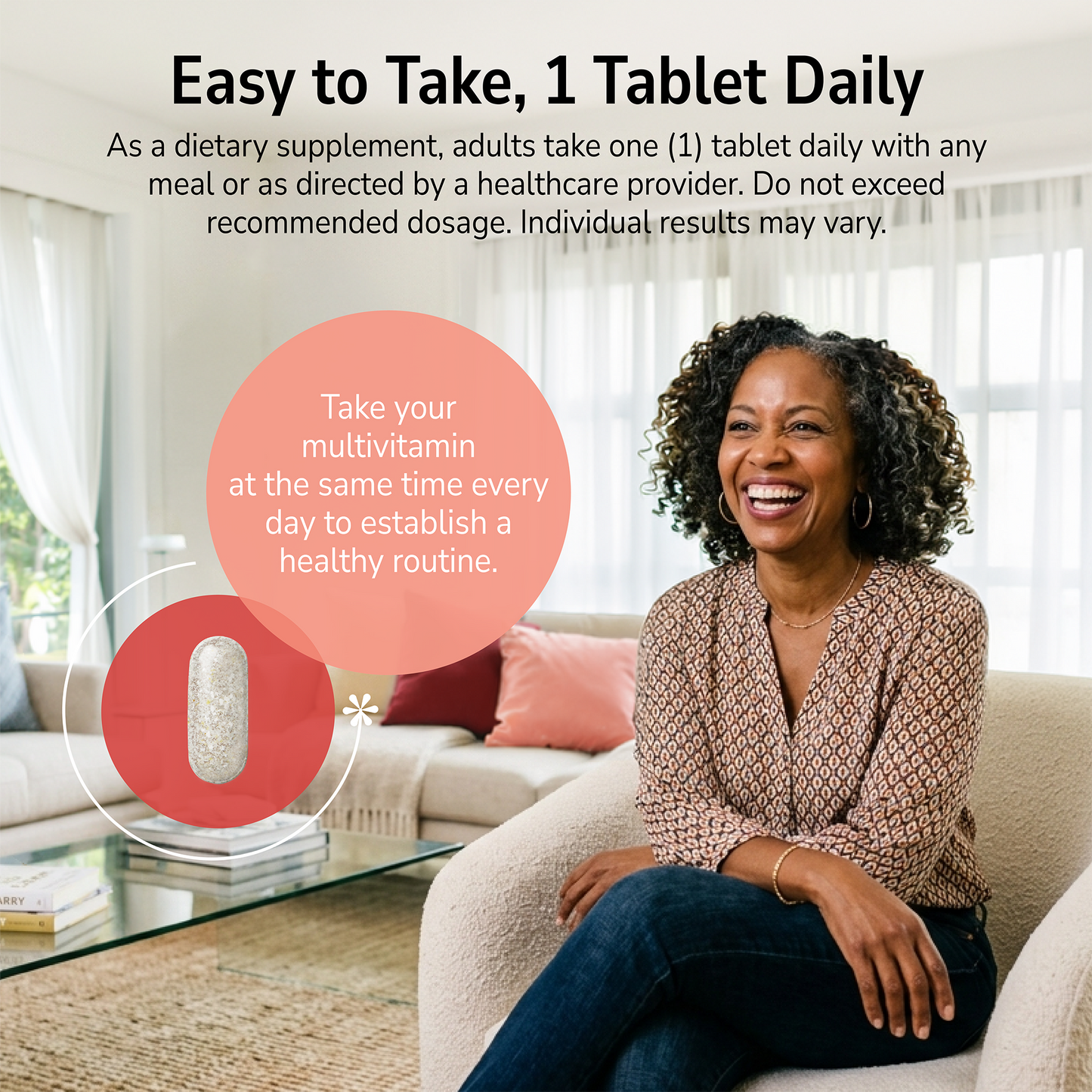 Woman smiling indoors with a product advertisement overlay and product directions