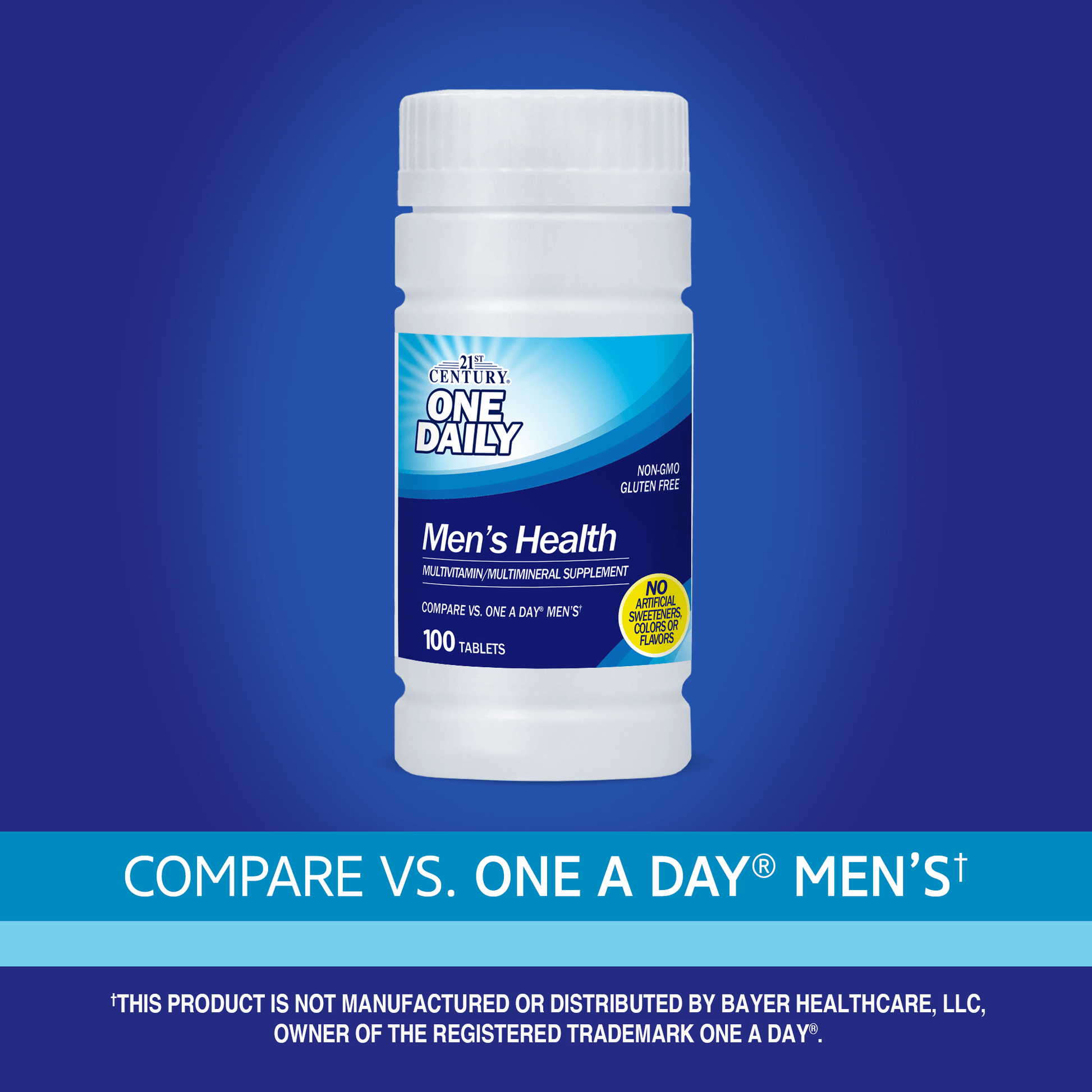 A bottle of 21st Century One Daily Men's Health Multivitamin and Multimineral tablets with the words compare vs one a day men's.
