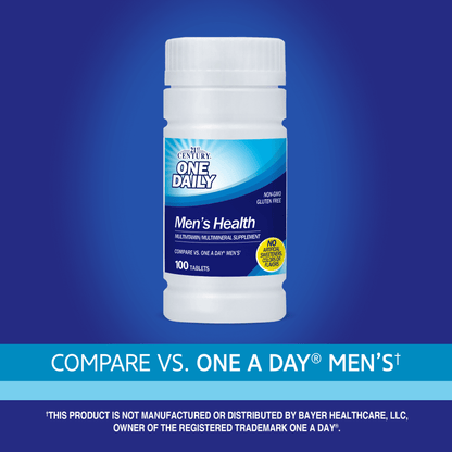 A bottle of 21st Century One Daily Men's Health Multivitamin and Multimineral tablets with the words compare vs one a day men's.