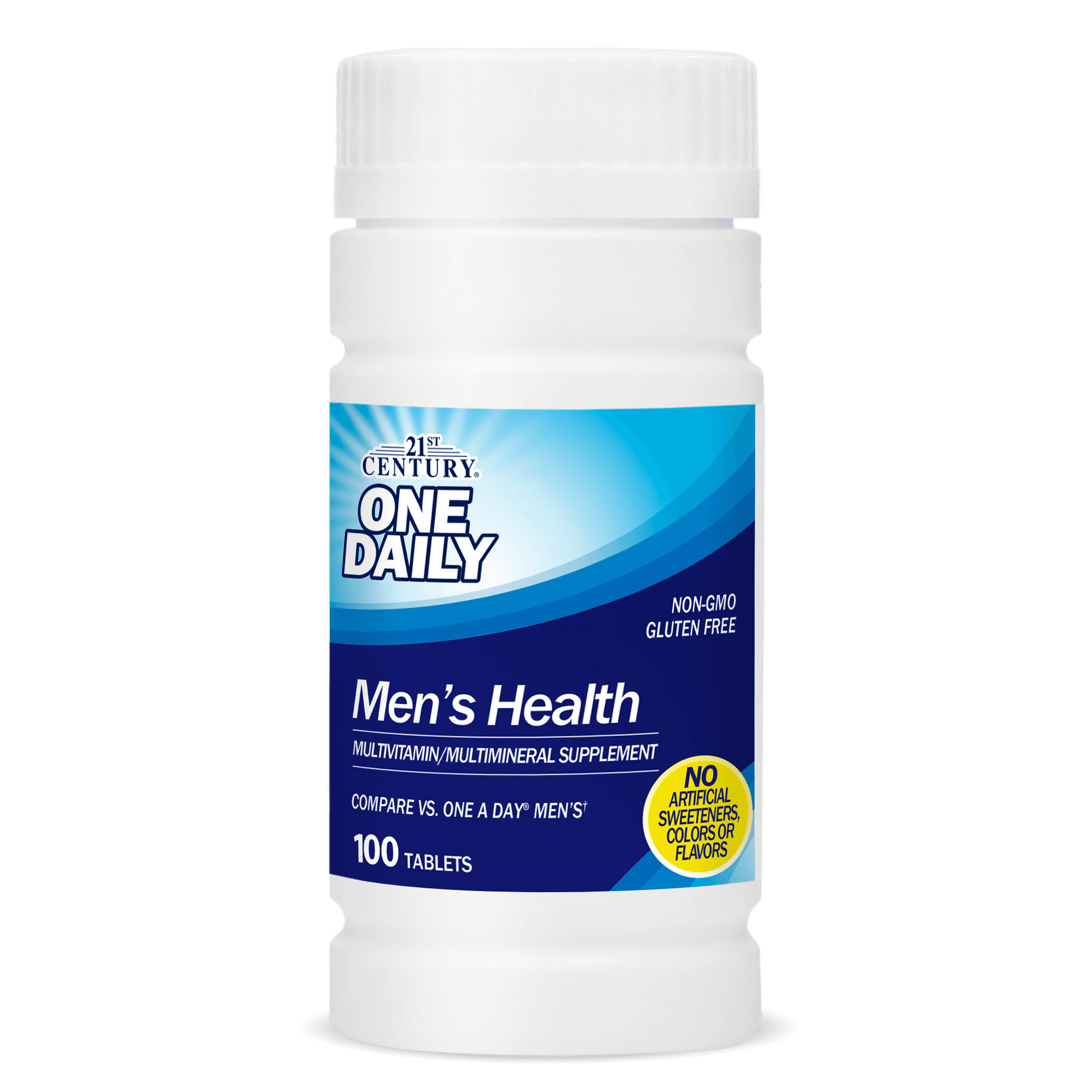 A bottle of 21st Century One Daily Men's Health Multivitamin and Multimineral tablets.