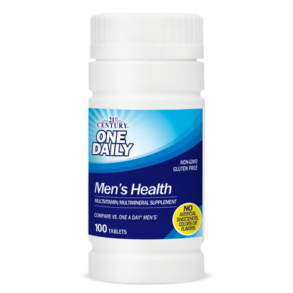 A bottle of 21st Century One Daily Men's Health Multivitamin and Multimineral tablets.