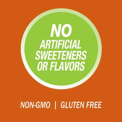 A graphic image with the words no artificial sweeteners or flavors, non-GMO and gluten free.