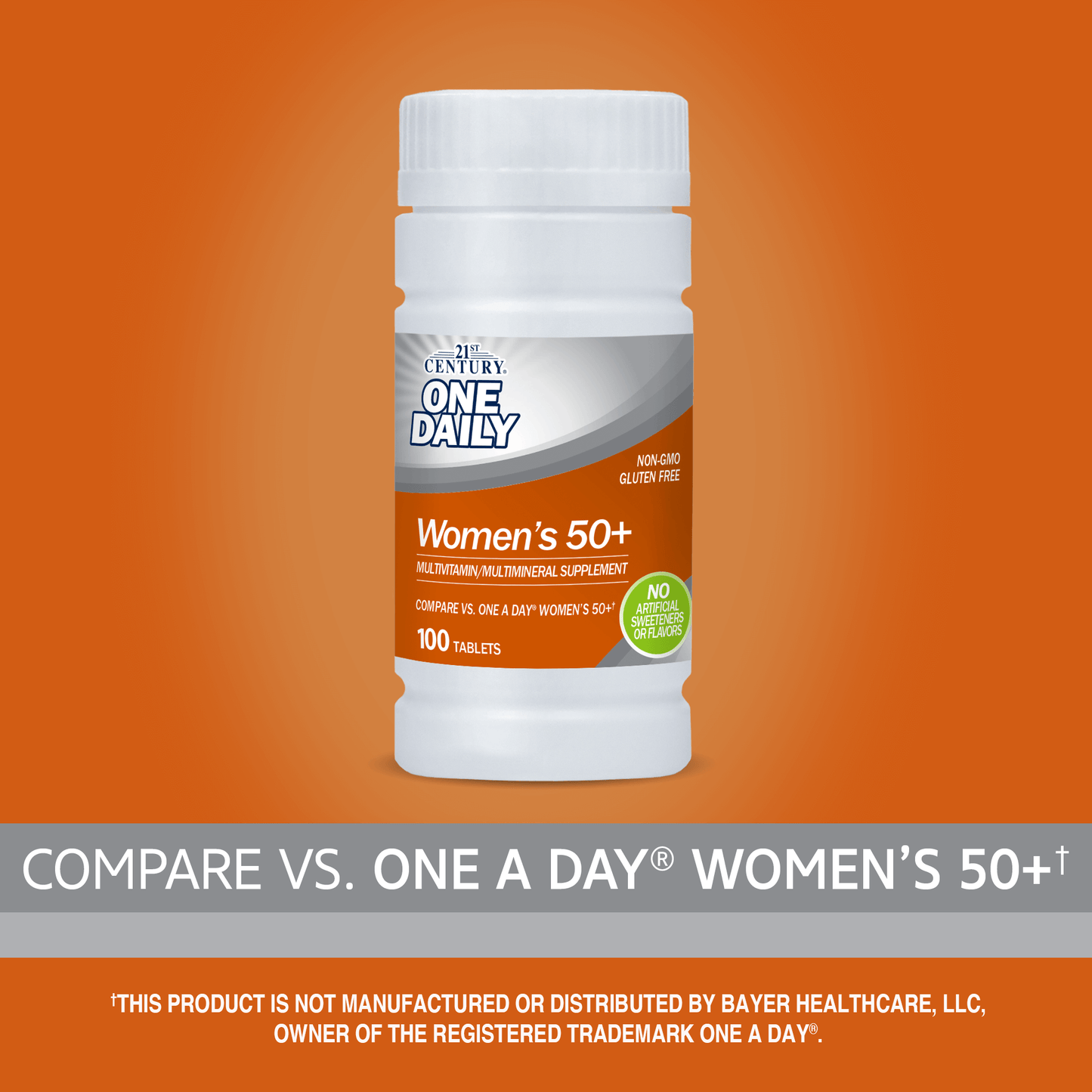 A bottle of 21st Century One Daily Women's 50+ Multivitamin and Multimineral tablets with the words one a day women's 50+