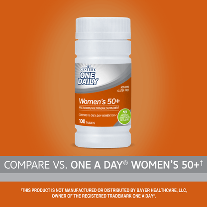 A bottle of 21st Century One Daily Women's 50+ Multivitamin and Multimineral tablets with the words one a day women's 50+