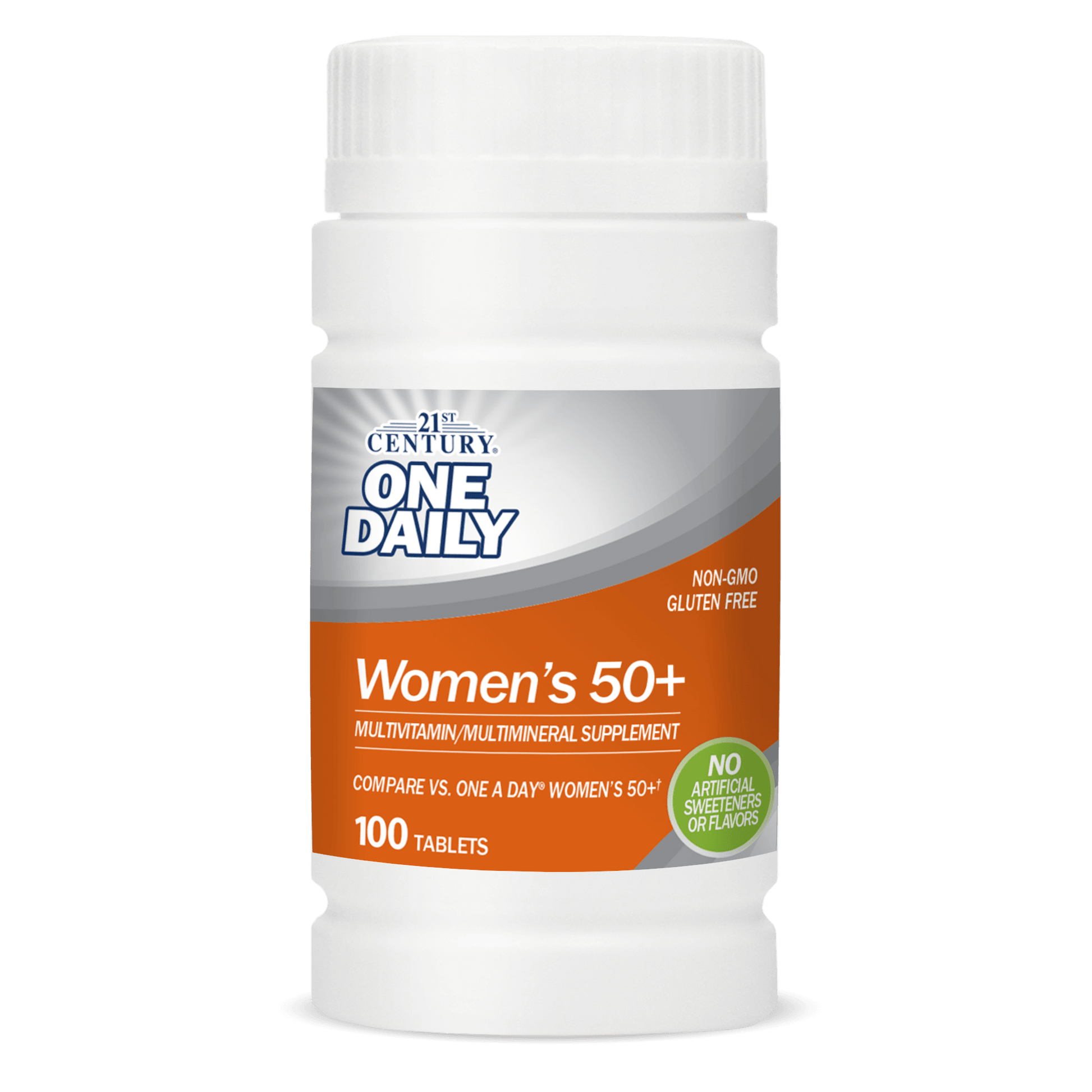 A bottle of 21st Century One Daily Women's 50+ Multivitamin and Multimineral tablets.