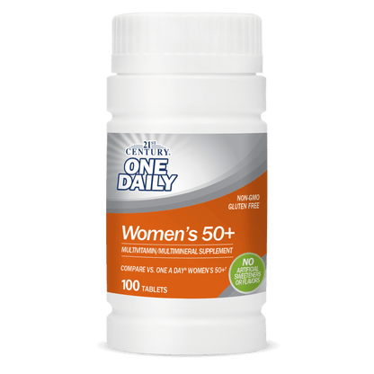 A bottle of 21st Century One Daily Women's 50+ Multivitamin and Multimineral tablets.