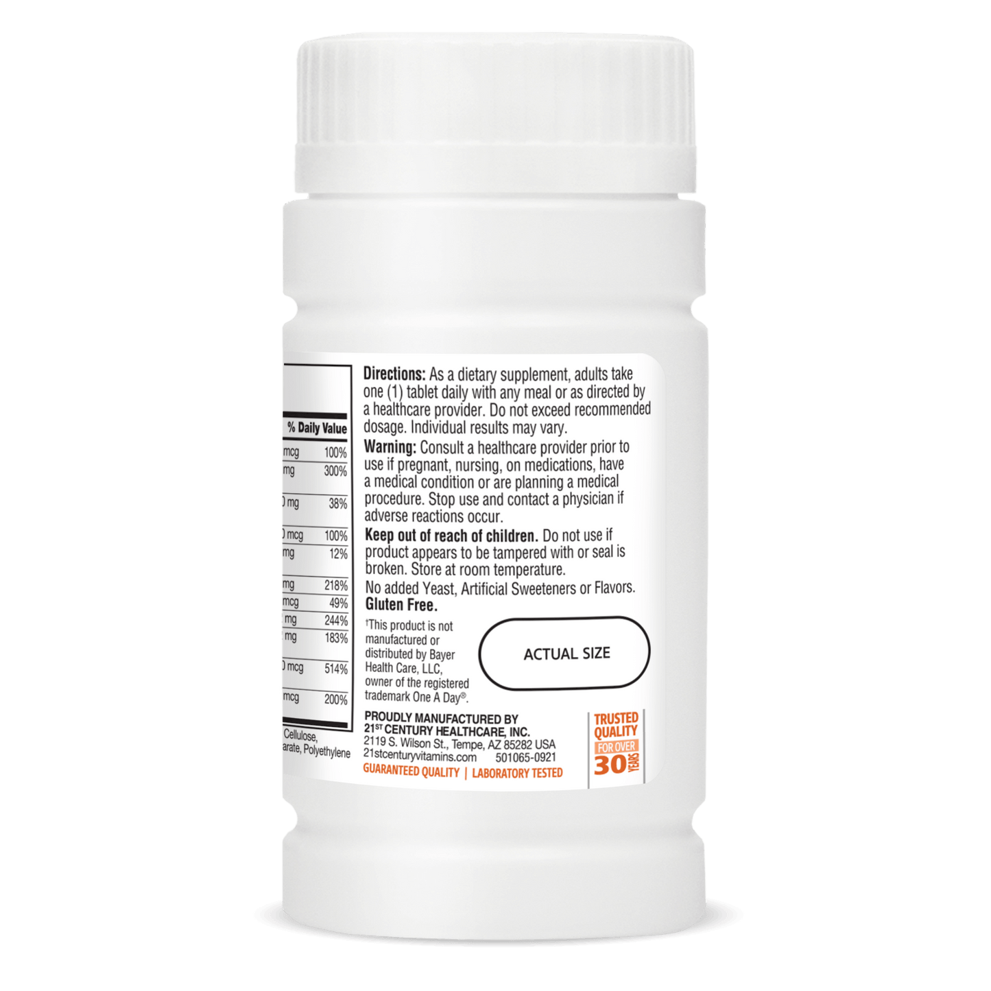 Right side bottle view of 21st Century One Daily Women's 50+ Multivitamin and Multimineral tablets.