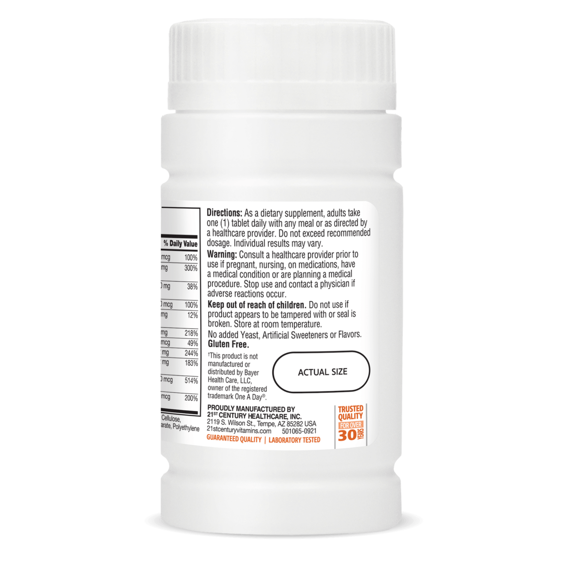 Right side bottle view of 21st Century One Daily Women's 50+ Multivitamin and Multimineral tablets.