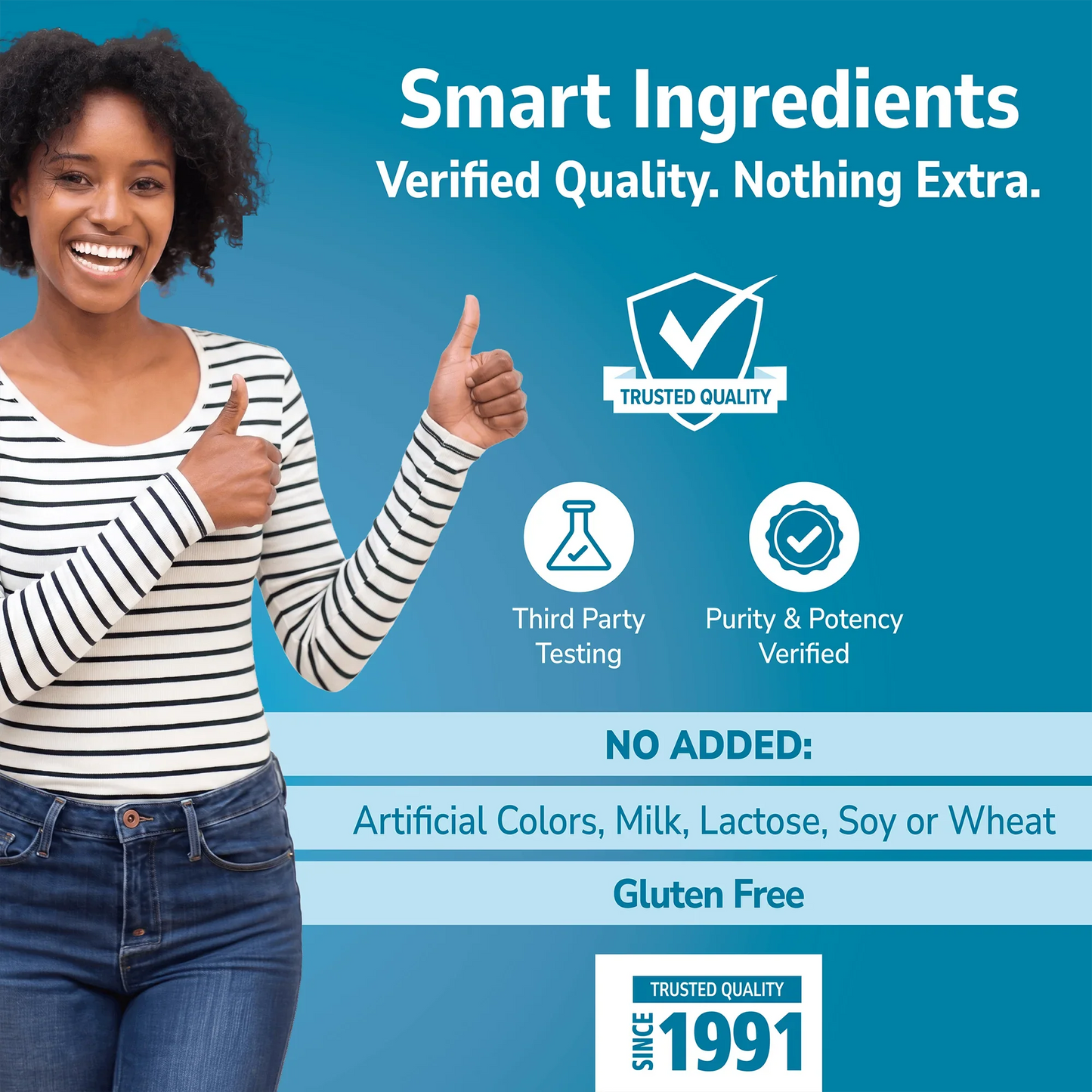 Woman holding her hand out with Smart Ingredients branding on a blue background and No Added info