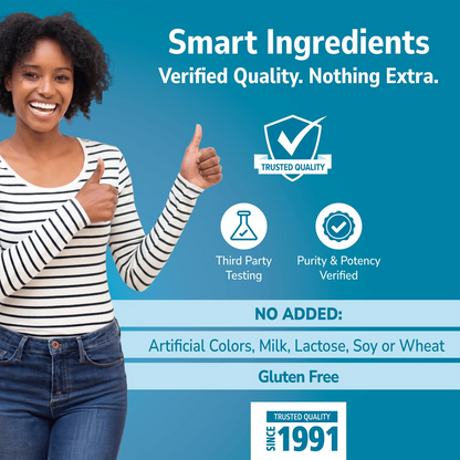 Woman holding her hand out with Smart Ingredients branding on a blue background and No Added info