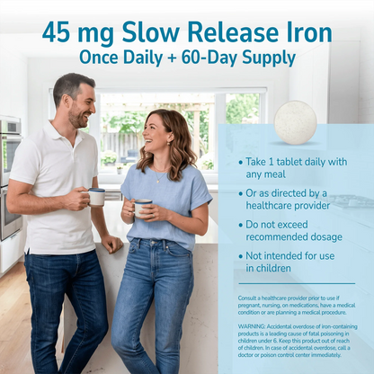 Man and woman smiling indoors with a product advertisement overlay and product directions