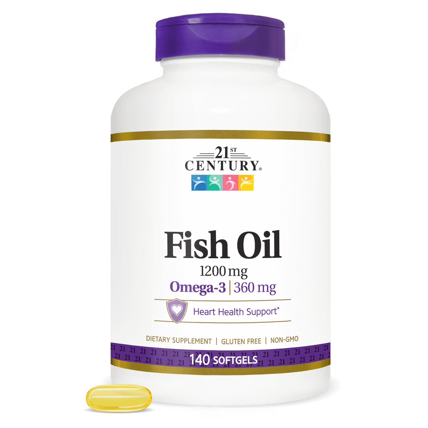 21st Century Fish Oil supplement bottle with a yellow capsule on a white background