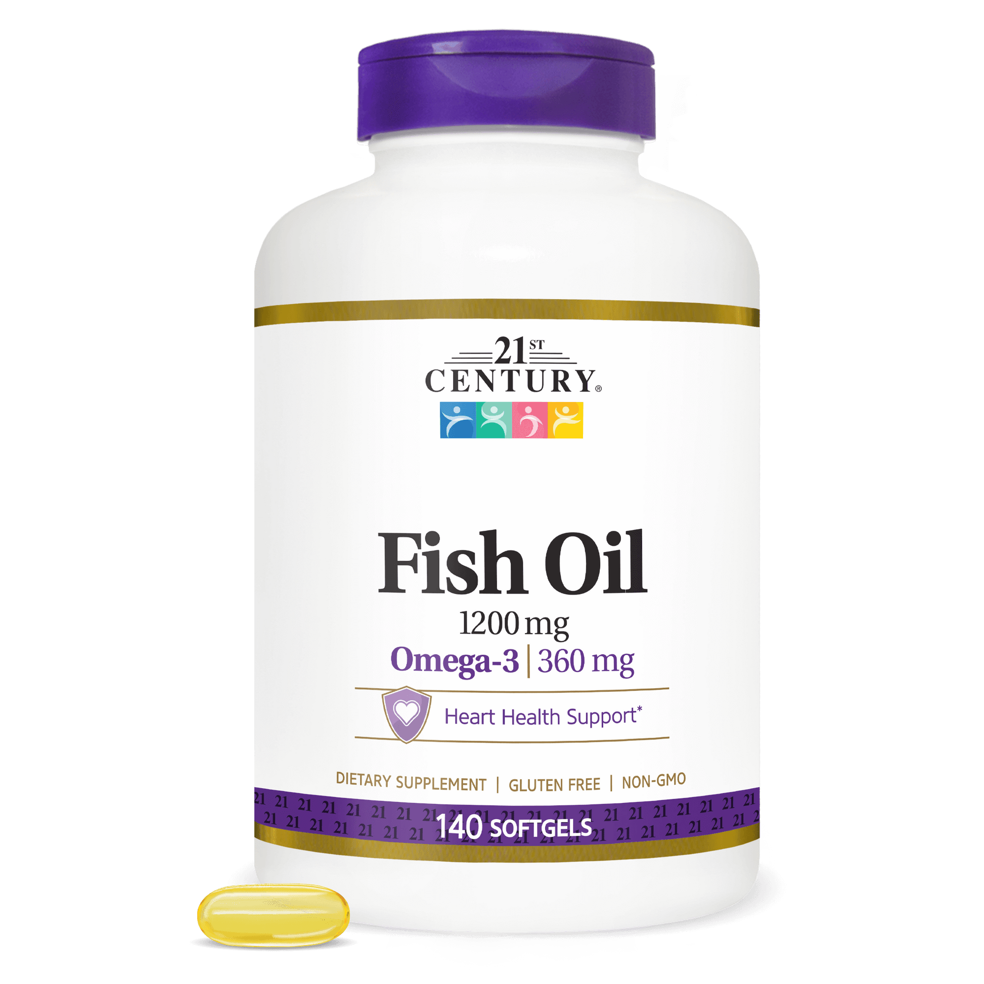 21st Century Fish Oil supplement bottle with a yellow capsule on a white background
