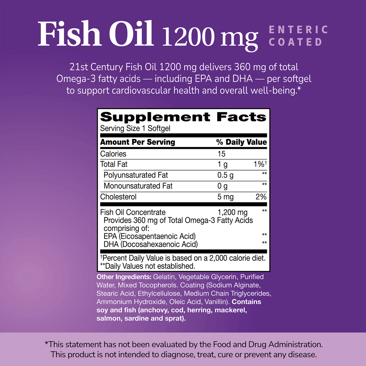 Supplement label for Fish Oil 1200mg with ingredient list and serving size on a purple background 