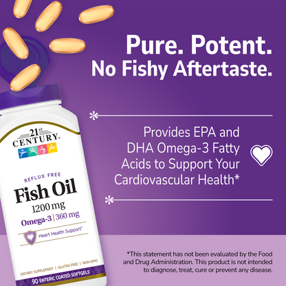 21st Century Fish Oil 1200mg softgel supplement bottle with pills spilling out and white text on a purple background