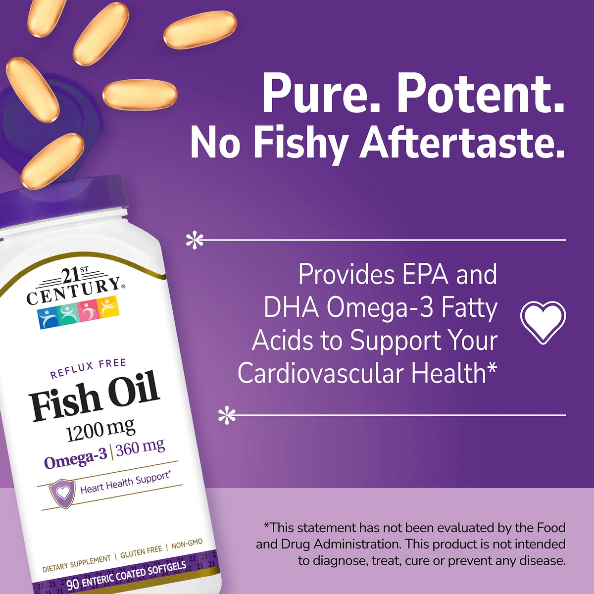 21st Century Fish Oil 1200mg supplement bottle with pills spilling out and white text on a purple background