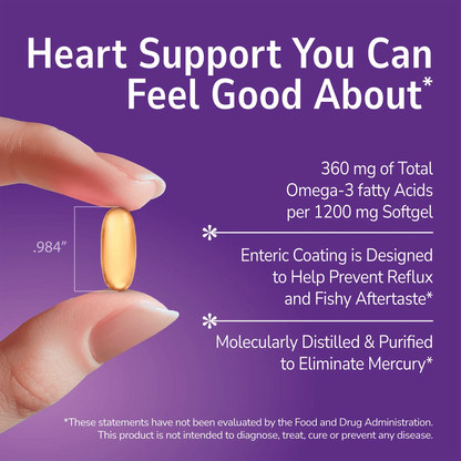 Hand holding a Fish Oil 1200mg supplement with text about product benefits on a purple background