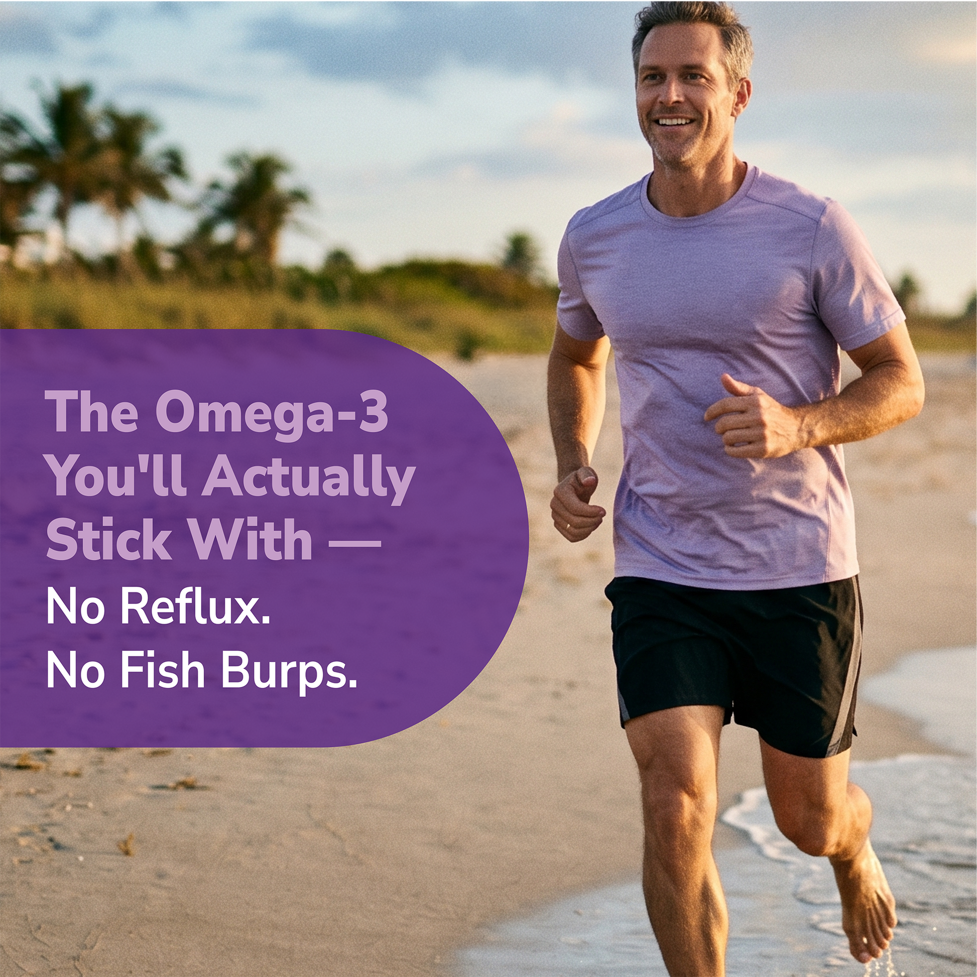 Man running on a beach with health supplement information overlay