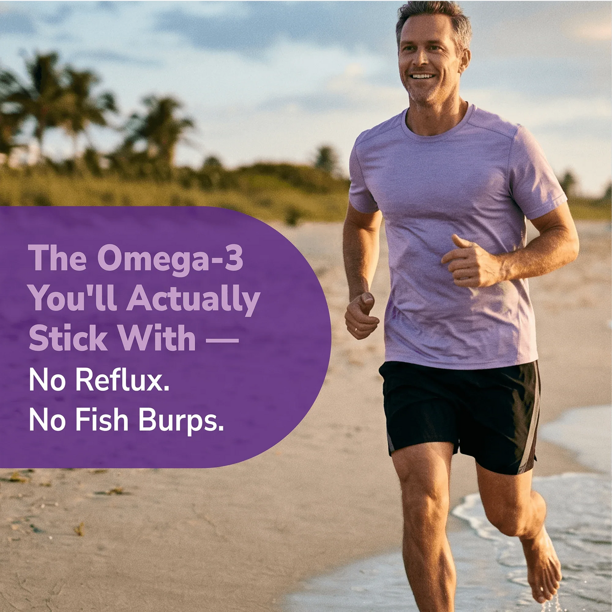 Happy man running on a beach with health supplement information overlay